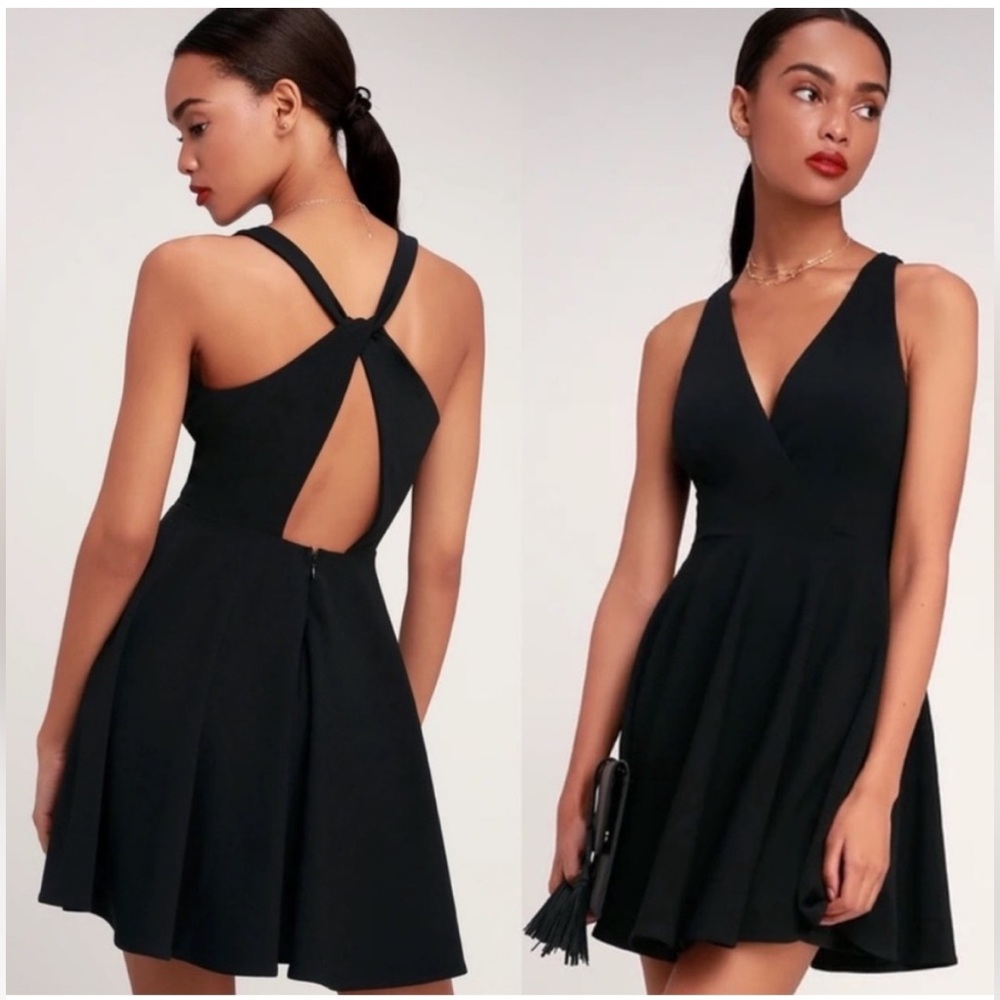 Lulu's Black V-Neck Wonder Whirl Cross-Back Skater Mini Dress